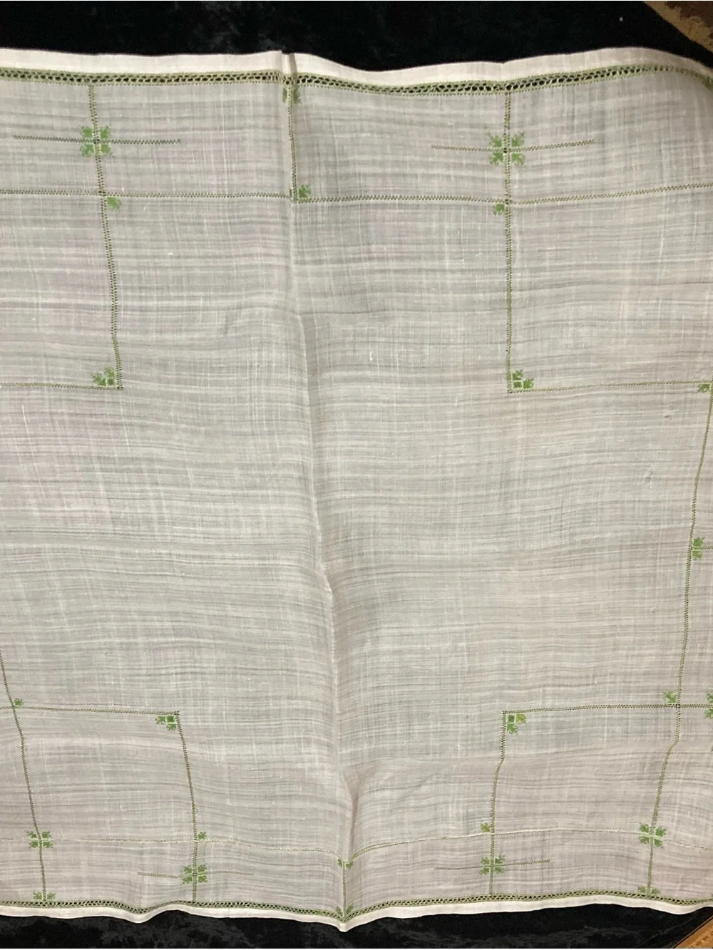 Vintage Embroidered Sheer  White Linen Tablecloth with Green Accents 33” square